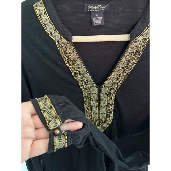 Lucky Brand Tunic Black Gold Beaded Embroidered Size S Cotton India - Picture 9 of 12